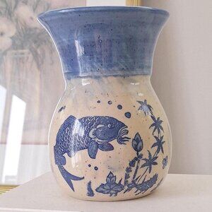 Vintage Koi Fish Chinoiserie beige & White Vase handmade pottery speckled